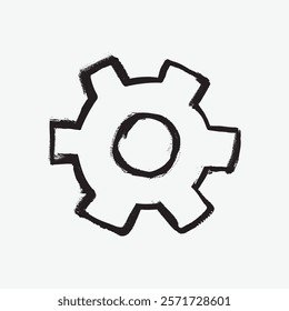 Hand-drawn gear icon in black on white. Simple, sketchy cogwheel design. Ideal for tech, engineering, or mechanical themes. Minimalist gear illustration. Simple black line art doodle vector.