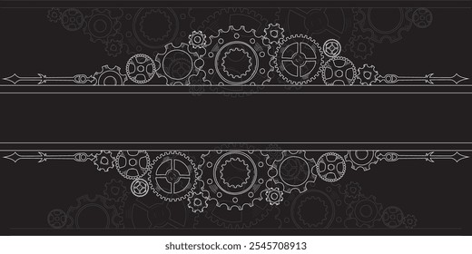 Canto do mecanismo de engrenagens desenhado à mão, borda e moldura em estilo de esboço de rabiscar, simbolizando o trabalho em equipe e o progresso. Cogwheel colorido como um fundo de ideia de negócios.