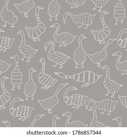 Hand-drawn geese seamless pattern. It can be used for decorating the kitchen, design for the menu, pattern for textiles, farming design.