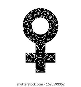 
Hand-drawn gender symbol isolated on white background. Sketch of a woman sign with geometric shapes star, circle, spiral, crescent. Stock vector illustration of a woman, relationships, gender role