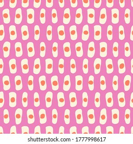 Hand-Drawn Geo Organic Cream Lines, Dots, Stripes Vector Seamless Pattern. Modern Colorful Pink Abstract Geometric Background. Whimsical Print with Uneven Shapes. Minimalist Mid-Century Print