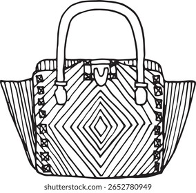 Hand-drawn geometric handbag illustration in black and white – perfect for boho design, coloring pages, textile prints, or packaging