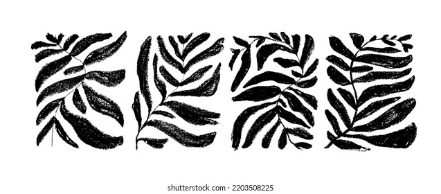 Colección de formas de hoja geométrica dibujada a mano. Formas ecológicas contemporáneas minimalistas inspiradas en Matisse. Ilustración de tinta vectorial con textura de carbón o lápiz aislada sobre fondo blanco. 