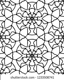 Hand-drawn geometric monochrome seamless vector pattern with round mandala ornament and trefoil knots.