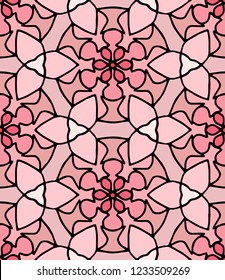 Hand-drawn geometric pink seamless vector pattern with round mandala ornament and trefoil knots.