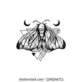 Handdrawn geometric tattoo design with moth