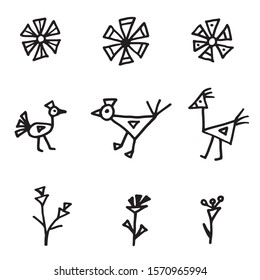Hand-drawn geometric triangular shaped flowers, black birds on a white background. Vector doodle set for the decoration of cards, stickers.
