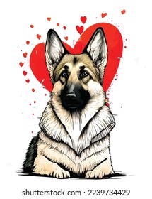 Hand-drawn german shepherd with heart shape. Vector Valentine day greeting card, poster. Cute colorful dog. Romantic design. Lovely pet portrait. Spread love