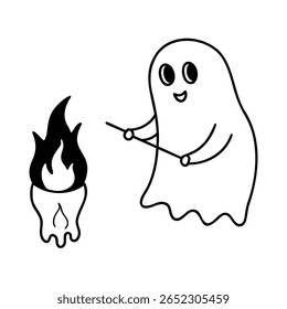 Fantasma desenhado à mão com um rosto sorridente segurando um pau perto de uma chama fogo Halloween