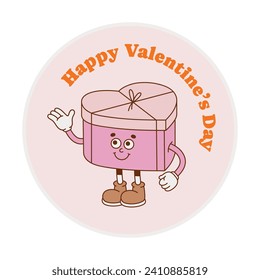 The hand-drawn gift box retro character with a phrase. Vector illustration in trendy retro cartoon style. Love, Valentine's Day.