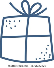A hand-drawn gift box wrapped with a bow and dotted accents. The present is depicted in a simplistic line style with decorative elements. Cartoon vector illustration.