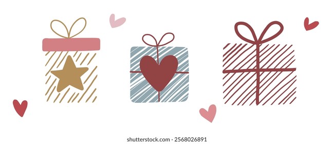 Hand-drawn gift boxes with hearts, stars, and ribbons, perfect for valentine's day