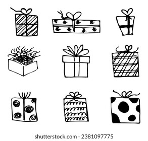 Hand-drawn gift boxes with a ribbon bow. A set of gifts in black. Festive doodles-badges for birthday, New Year, Christmas, wedding. The concept of celebration in a minimalistic design