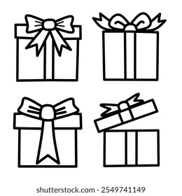 Hand-drawn Gift Boxes with Ribbon Icon Set. Suprising gift boxes or Gift wrapping. 