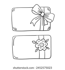 Hand-drawn gift card designs with bows and flowers, ideal for special occasions, personal messages, and craft projects