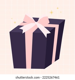 A hand-drawn gift in a purple package with a pink bow. Vector image on the background of a checkered notebook.