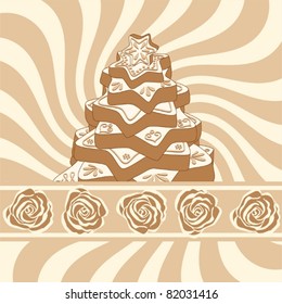 hand-drawn gingerbread christmas tree on background with brown swirl and stripe with beige and brown roses