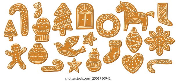 Hand-Drawn Gingerbread Cookie Collection | Christmas Holiday Vector Set with Festive Shapes and Ornaments