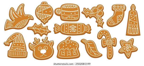 Hand-Drawn Gingerbread Cookie Collection | Christmas Holiday Vector Set with Festive Shapes and Ornaments