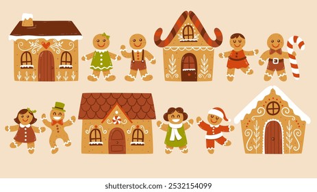 Hand-drawn gingerbread cookie set. Funny and cute collection of gingerbread men, women and Christmas houses. A collection of 12 items isolated on light background.