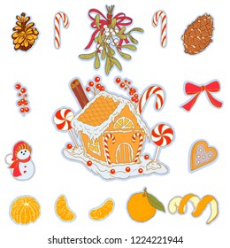 hand-drawn gingerbread house, attributes of christmas, vector illustration, dezana element