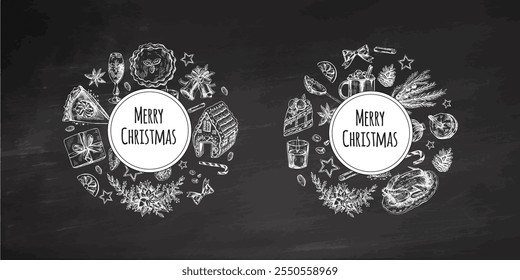 Hand-drawn gingerbread house and Christmas desserts on chalkboard with "Merry Christmas" text