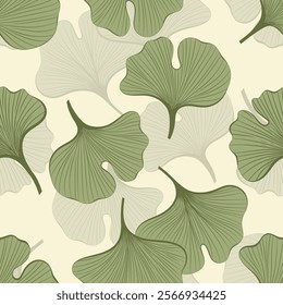 Hand-drawn ginkgo biloba seamless pattern, outline vector illustration, botanical sketch on white background