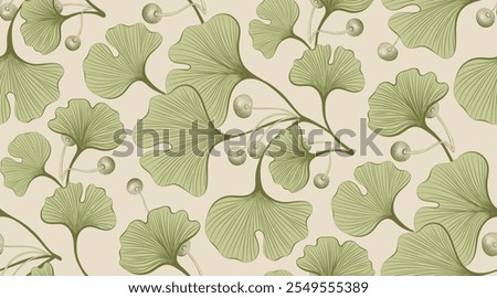 Hand-drawn ginkgo biloba seamless pattern, outline vector illustration, botanical sketch on white background