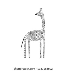 Hand-drawn giraffe with ethnic drawings. Vector illustration. 