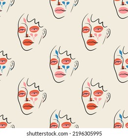 Hand-drawn girl with bright makeup, seamless pattern. Vector seamless print for wrapping, notebooks and notepads, fabric, covers and more.