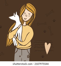 Hand-drawn girl with dog. Vector sketch  illustration.