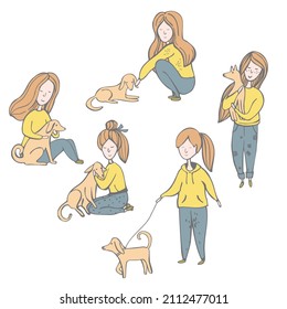 Hand-drawn girl with dog. Vector sketch  illustration.