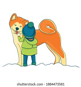 Hand-drawn girl and her dog Akita inu, for design, poster, postcard. Best friends forever