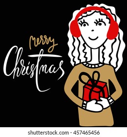 Handdrawn girl holding a gift box with handwritten gold and white inspiration. Merry christmas.