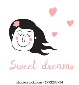 Hand-drawn girl icon with hearts and inscription Sweet dreams. Avatar happy woman in a good mood with a smile. Doodle.Face color can be changed. Isolated. Vector illustration