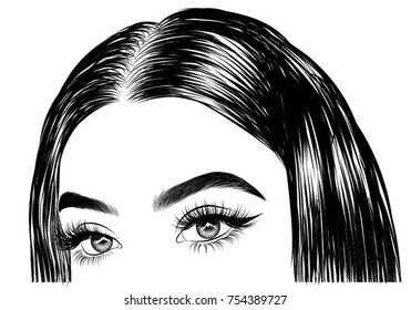 Hand-drawn girl with silky hair andluxurious eye with perfectly shaped eyebrows and full lashes. Idea for business visit card, typography vector.Perfect salon look.