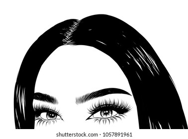 Hand-drawn girl with silky hair and luxurious eye with perfectly shaped eyebrows and full lashes. Idea for business visit card, typography vector.Perfect salon look.