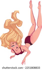 Hand-drawn girl swims down underwater and looks up