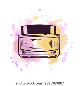 Hand-drawn glass jar with cream, beauty cosmetic element, self care. Illustration on a watercolor pastel background with splashes of paint. Useful for beauty salon, cosmetic store. Doodle sketch.