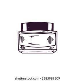 Hand-drawn glass jar with cream, beauty cosmetic element, self care. Illustration for beauty salon, cosmetic store, makeup design. Doodle sketch style.