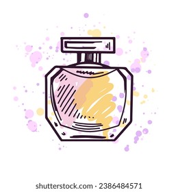 Hand-drawn glass jar with cream, beauty cosmetic element, self care. Illustration on a watercolor pastel background with splashes of paint. Useful for beauty salon, cosmetic store. Doodle sketch.