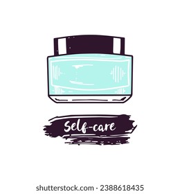 Hand-drawn glass jar with cream, beauty cosmetic element, self care. Illustration for beauty salon, cosmetic store, makeup design. Doodle sketch style.