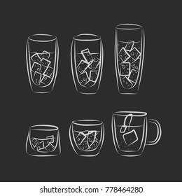 Hand-drawn glasses, alcohol drink vector icon set. Black and white.