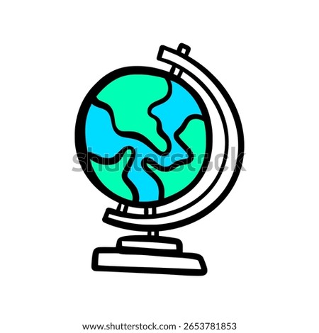 Hand-Drawn Globe Cartoon Vector – World Map Geography Education Icon in Colorful Sketch Style