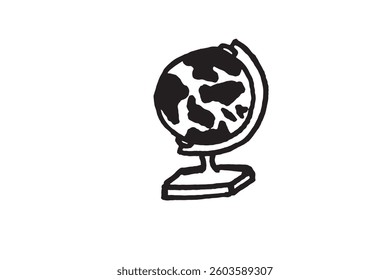 A hand-drawn globe with continents depicted in black outlines stands on a base against a clear white background, representing the world.
