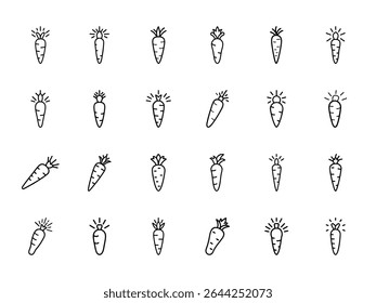 Hand-Drawn Glowing Carrot Icon Set – Cute Outline Vegetable Vector Collection for Organic Food Labels, Garden Designs, Healthy Eating Graphics, and Vegan Branding