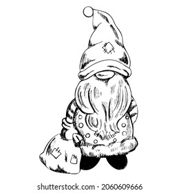 A hand-drawn gnome with a bag in his hands. The Scandinavian winter gnome. Vintage vector illustration.