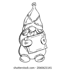 A hand-drawn gnome with a card in his hands. The Scandinavian gnome. Vintage vector illustration.