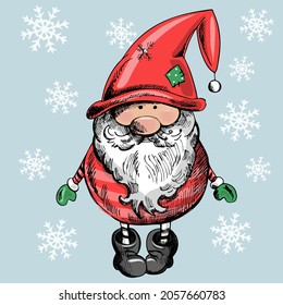 A hand-drawn gnome for New Year or Christmas with snowflakes on a blue background. The Scandinavian gnome. Vintage vector illustration.