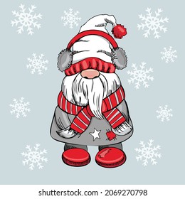 A hand-drawn gnome for New Year or Christmas with snowflakes on a blue background. The Scandinavian gnome. Vintage vector illustration.